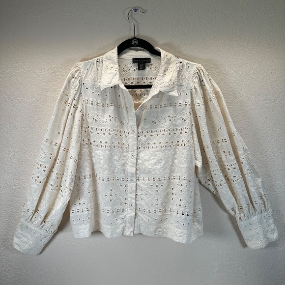 House of Harlow 1960 Button Up blouse Womens Sz. L eyelet Puff Sleeve Romantic - Picture 2 of 15